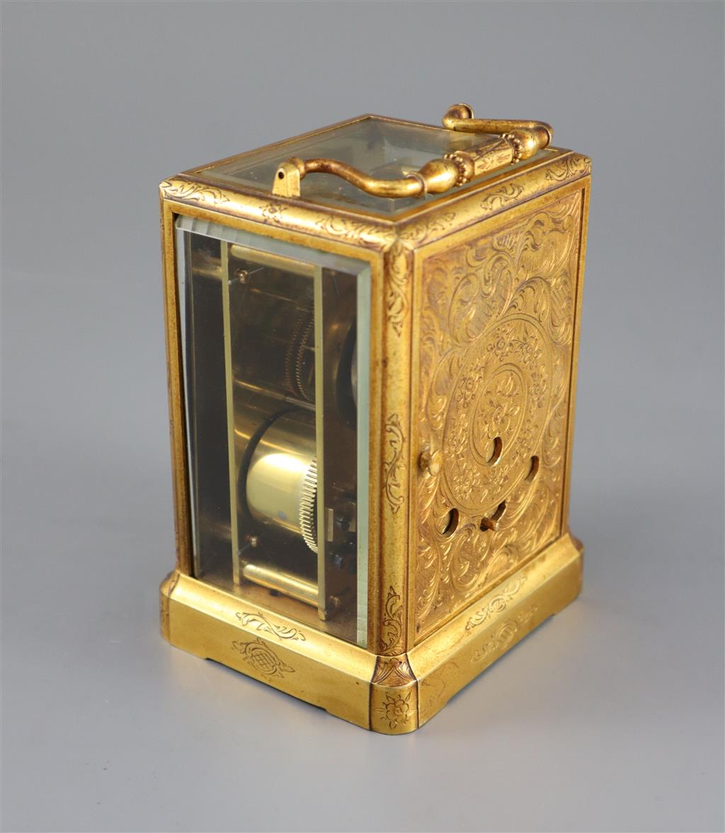 Jules, Paris. A mid 19th French engraved brass eight day striking carriage clock, height 5.5in.